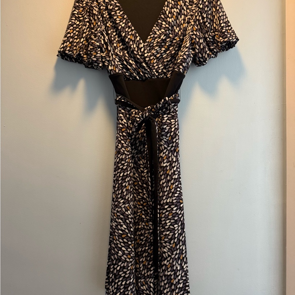Eliza J Black and White Wrap Midi Dress with Flutter Sleeves